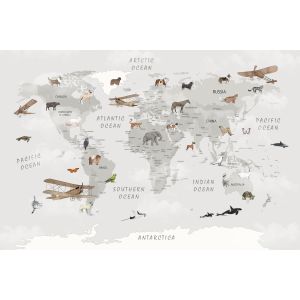 Poster -  World Map / Biplanes and Animals