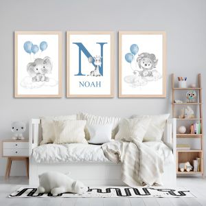 Poster -  Animal with Balloon / Blue /Set of 3 / Custom Text
